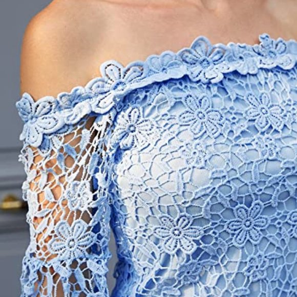 NWT AUXO COLLECTION BLUE OFF SHOULDER LACE/CROCHET DRESS SMALL - Picture 4 of 10
